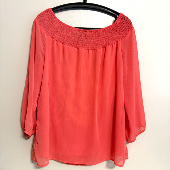 AB Studio Women Size XL Coral Blouse Top Embroidery Floral Fairy Sheer Lined - Picture 3 of 12